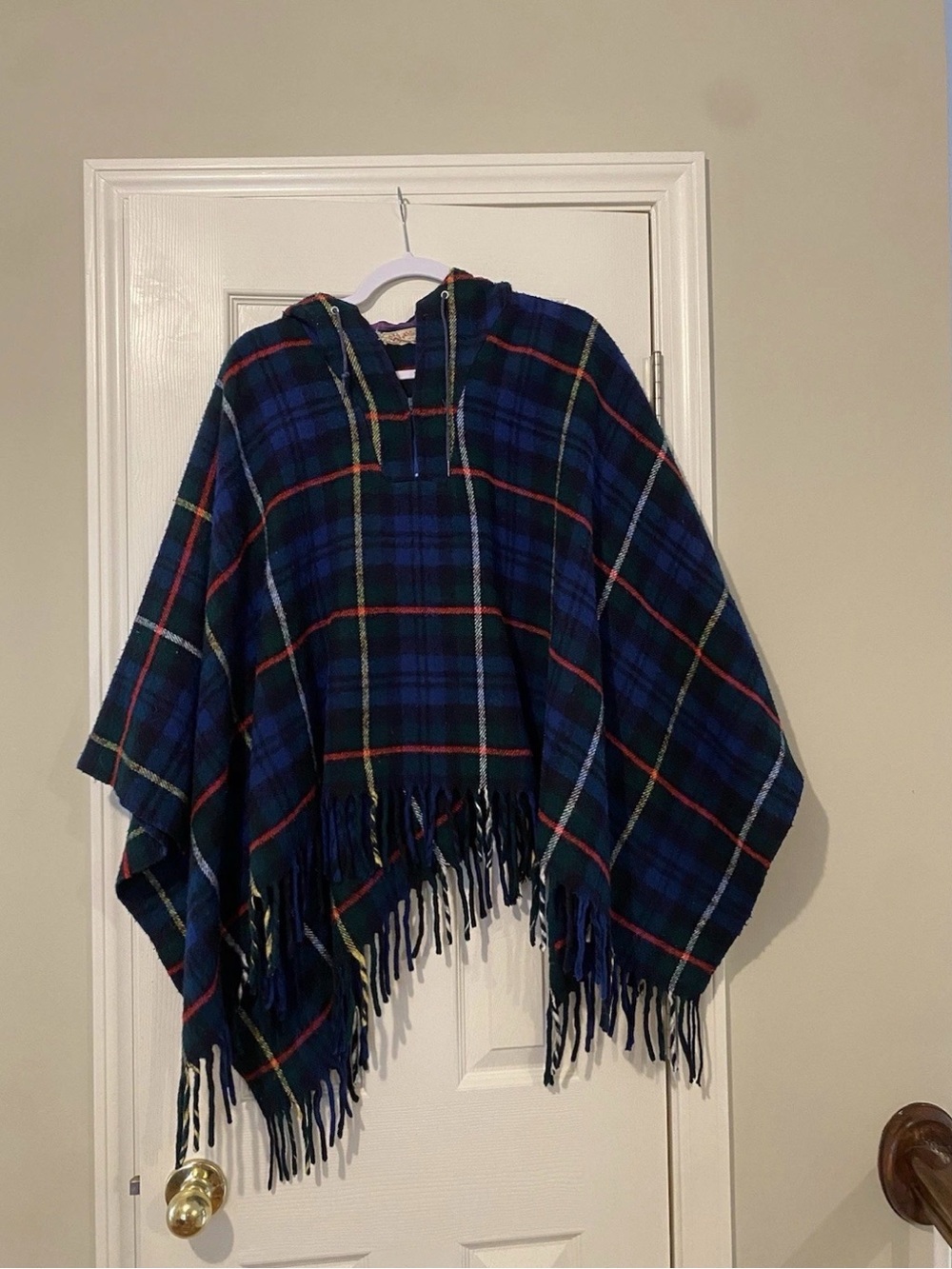 VTG Saks Fifth Ave Navy and Green Plaid Hooded Fringe Poncho